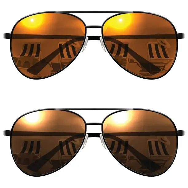 Vector illustration of Black Sunglasses on a white background. Beach reflection. Vector Illustration