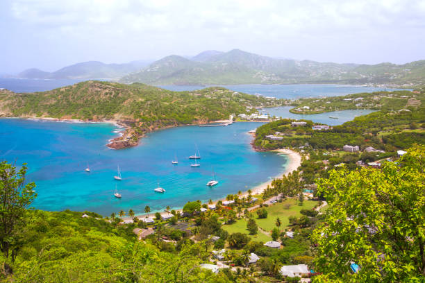 istock Antigua, English Harbour panoramic view with boats and yachts. View include Freeman bay and beach 690135232