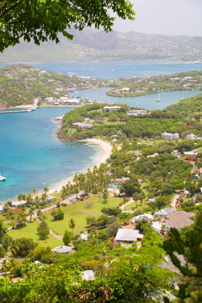 istock Antigua, English Harbour panoramic view with boats and yachts. View include Freeman bay and beach 690146458
