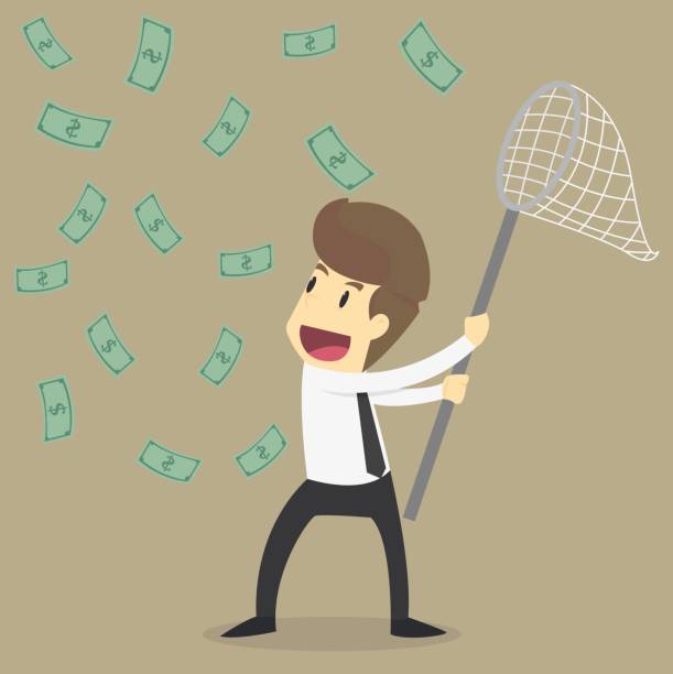 istock Businessman trying to catch flying money with a butterfly net 690150074