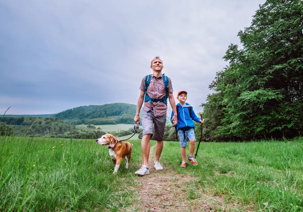 istock Father with son walk on mountain hills 690153208