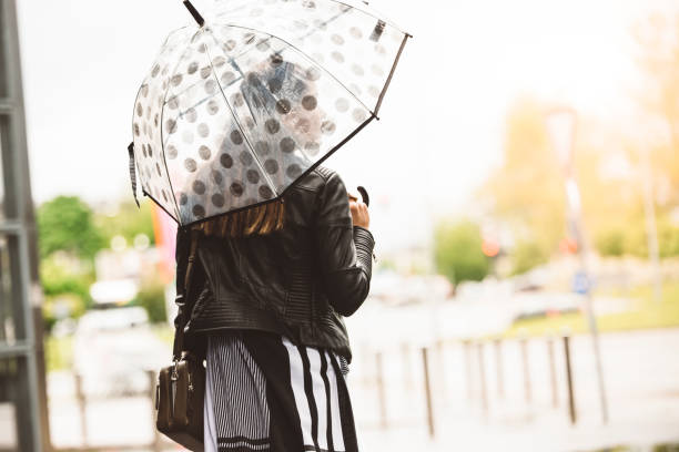 istock Woman walking to her office during rain 690153520
