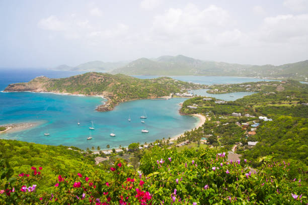 istock Antigua, English Harbour panoramic view with boats and yachts. View include Freeman bay and beach 690153608