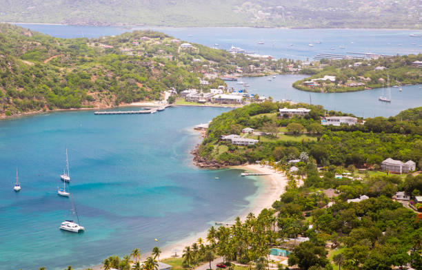 istock Antigua, English Harbour panoramic view with boats and yachts. View include Freeman bay and beach 690153806