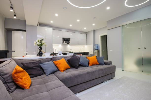 istock Modern white living room and kitchen 690154268