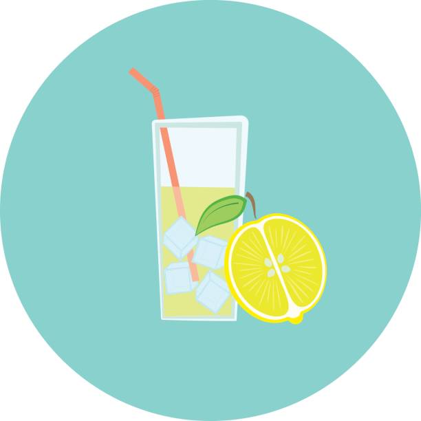 стакан свежего желтого лимонного лимонада со ледяной иконой - glass water freshness tonic water stock illustrations