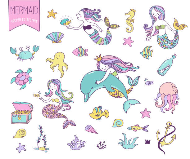 ilustraciones, imágenes clip art, dibujos animados e iconos de stock de bajo el mar - little mermaid, peces, animales del mar y estrella de mar, colección de vectores - characters coral sea horse fish