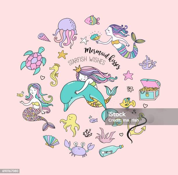Under The Sea Little Mermaid Fishes Sea Animals And Starfish Vector Collection Stock Illustration - Download Image Now