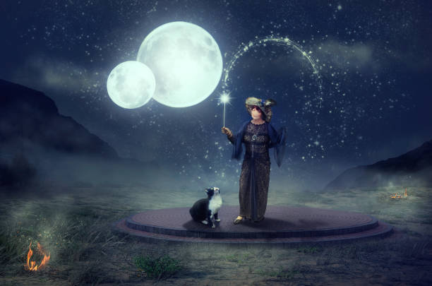 Mature adult fairy stands on pavement circle in night desert. She holds a magic wand by her hand. Black and white cat sits next to her and looks at mist starry sky with two moons. Two small bonfires burn around. There are dark mountains in the background. Horizontal shot