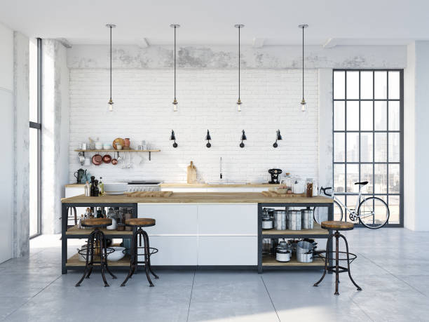 istock modern nordic kitchen in loft apartment. 3D rendering 690169754