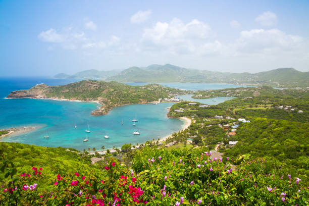 Antigua, English Harbour panoramic view with boats and yachts. View include Freeman bay and beach stock photo