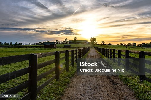 istock Country lane between pastures leading to a barn 690177330