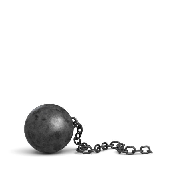 istock 3d rendering of a large black iron ball lying down with a piece of its broken chain 690177698