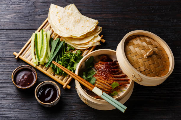 istock Peking Duck with cucumber, onions, cilantro and pancakes 690179150