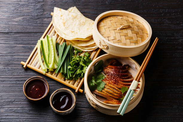 istock Peking Duck with cucumber, onions, cilantro and pancakes 690181380