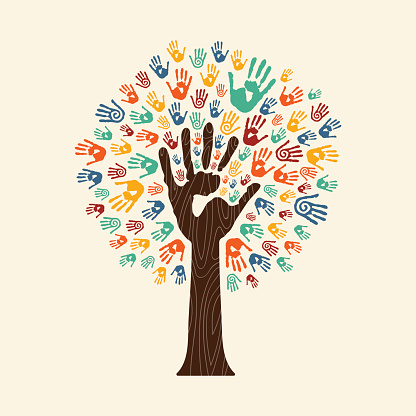 Human handprint tree with hands of colorful ethnic group. Community help concept illustration. EPS10 vector.