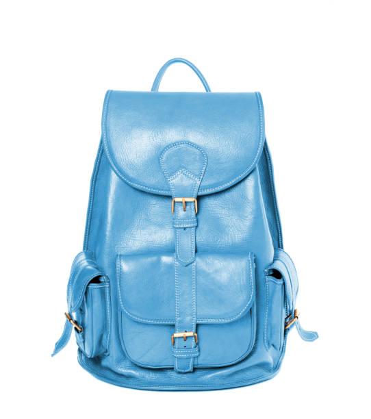 istock Leather backpack standing isolated on white sky blue color 690187644