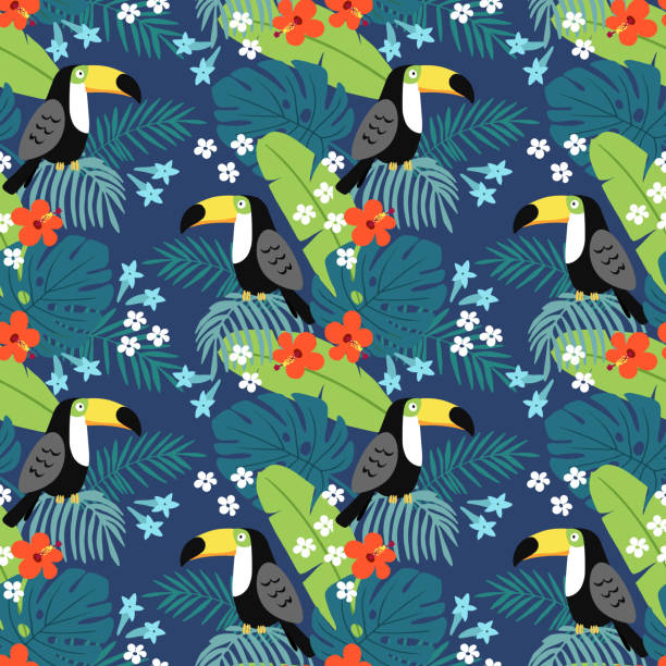 istock Tropical jungle seamless pattern with toucan bird, hibiscus flowers and palm leaves. Flat design, vector illustration background 690201590