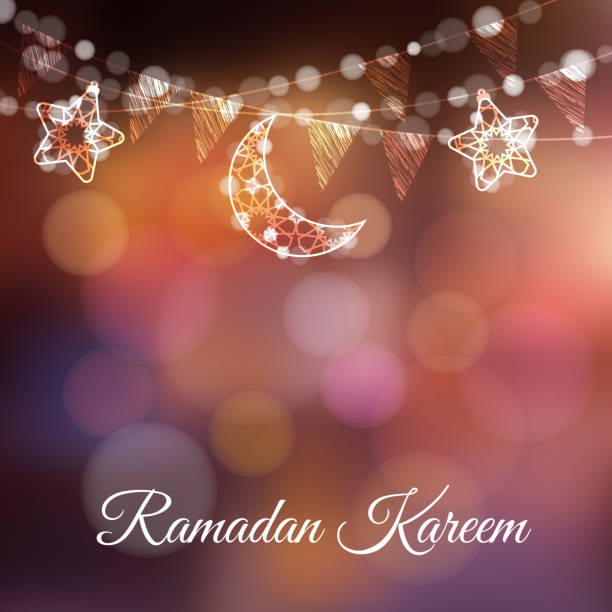 Garlands with decorative moons, stars, lights and party flags. Vector illustration card, invitation for Muslim community holy month Ramadan Kareem. Colorful festive blurred background Garlands with decorative moons, stars, lights and party flags. Vector illustration card, invitation for Muslim community holy month Ramadan Kareem, colorful festive blurred background. hari raya light stock illustrations