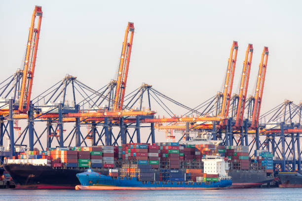 istock Container Ship Being Unloaded at Sunset, Hamburg Harbor, Germany 690203092