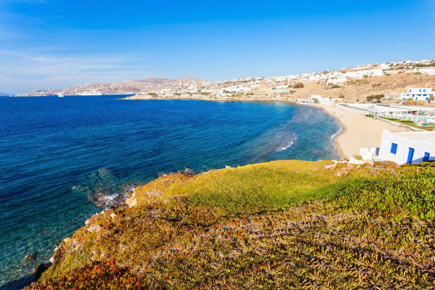 Mykonos city beach on the Mykonos island, Cyclades in Greece.