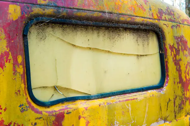 Photo of Antique yellow truck covered with pollen and moss.