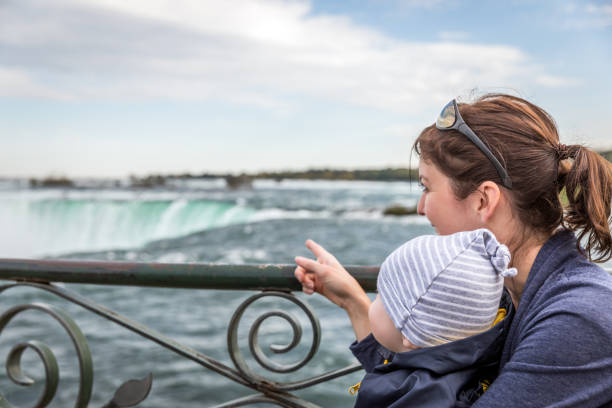 Woman sitting on a wall with Niagara Falls behind during summer day