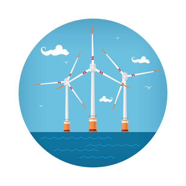 ilustraciones, imágenes clip art, dibujos animados e iconos de stock de icon wind turbines at the sea - wind turbine motion alternative energy wind power