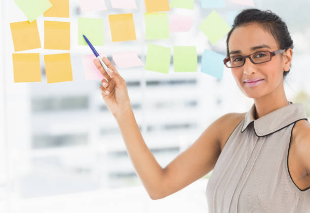 istock Designer pointing to sticky notes on window smiling at camera 690244730