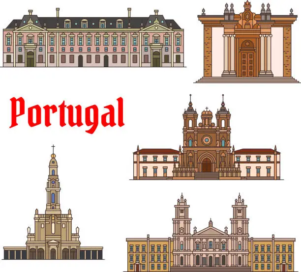 Vector illustration of Portuguese travel landmark thin line icon set