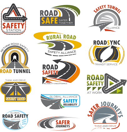 Road highway, traffic safety and transportation service icon set. Rural and mountain road, turn of speed highway, asphalt freeway, crossroad and tunnel isolated symbol for road themes design