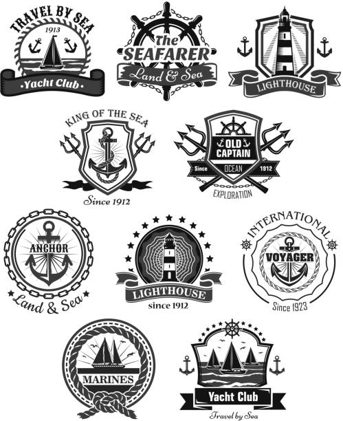 ilustrações de stock, clip art, desenhos animados e ícones de nautical and marine symbols vector icons set - anchor and rope