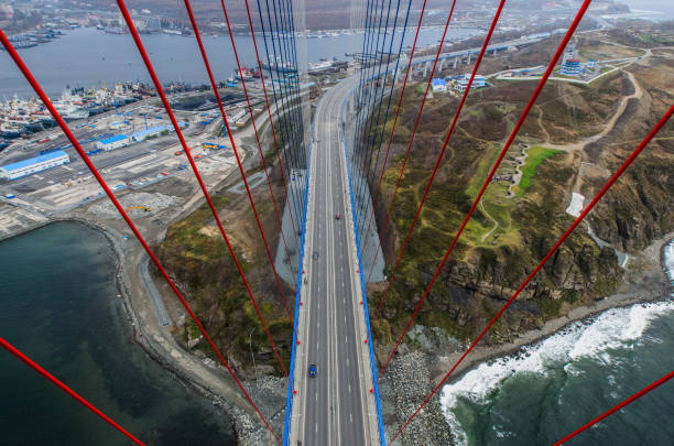 Vladivostok, view from bridge top to Russky Island. stock photo