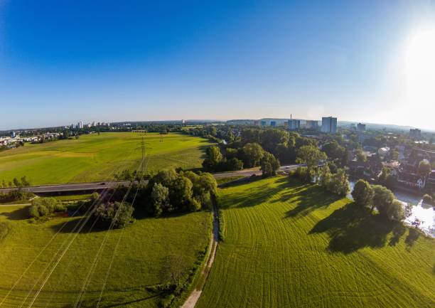Aerial photo of the meadows and river Regnitz at Erlangen stock photo