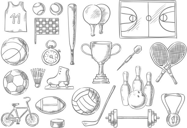illustrations, cliparts, dessins animés et icônes de balles de sport, articles croquis isolés icônes - baseballs ball sport gym