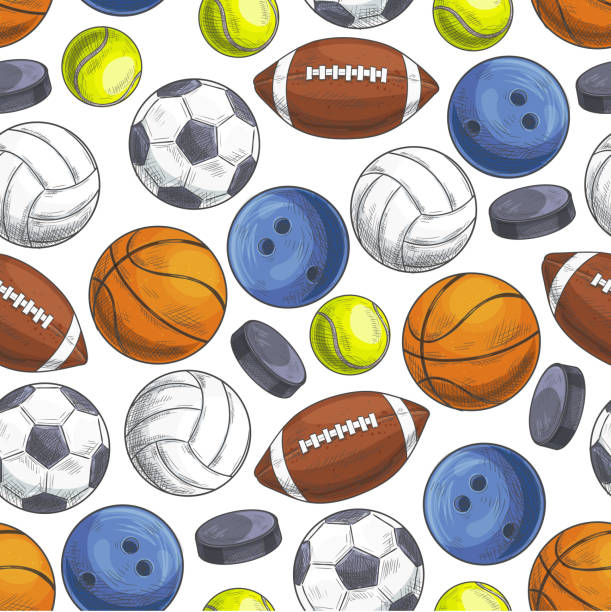 Sport balls seamless pattern Sport balls seamless pattern. Vector pattern of color sketch icons of sports gaming balls for rugby, football, soccer, baseball, basketball, tennis, hockey puck, bowling, volleyball heart shaped basketball stock illustrations