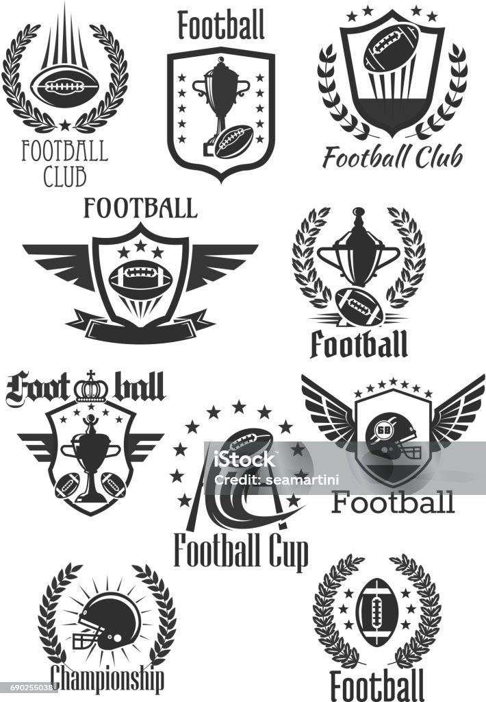Football rugby vector symbols for championship cup Rugby football club icons set for tournament or championship cup. Badges of fire rugby ball with wings and player safety helmet mask. Vector champion winner ribbon and goblet prize with crown of stars Rugby - Sport stock vector