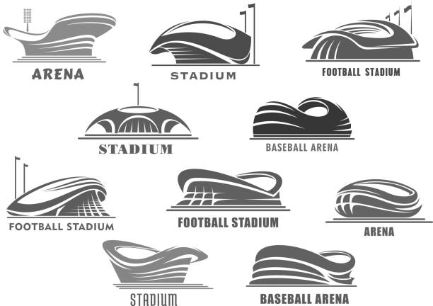 Vector icons of football arena or sport stadium Sport stadium or arena vector isolated icons set. Futuristic or modern linear sport stadium design with lamps and flag poles. Sporting field symbols or badges of playfield for soccer or football game heart shaped basketball stock illustrations