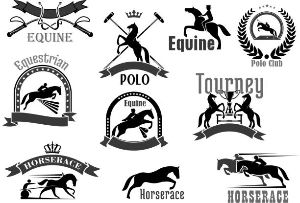 Horse racing or equine polo club vector icons set Polo or equine sport club vector badges. Horse races or equestrian jump show and racing contest symbols set. Icons of bat and whip, rider winner or horserace victory cup award and crown laurel wreath heart shaped basketball stock illustrations