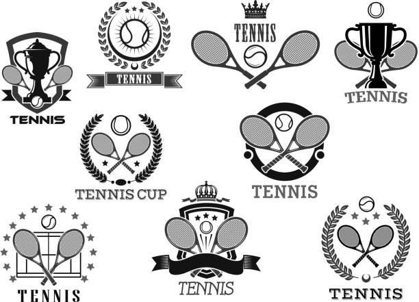 Vector icons for tennis club tournament awards Tennis club isolated vector icons of of tennis ball and rackets, victory laurel wreath ribbon and winner cup goblet with crown of stars for sport championship or tournament prize symbols heart shaped basketball stock illustrations