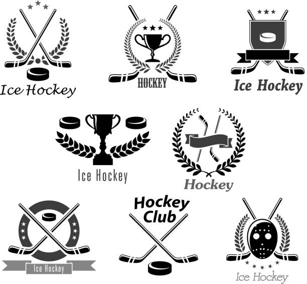 Ice hockey club or tournament vector award symbols Ice hockey club and sport tournament icons for championship badges. Puck, hockey-stick and goal keeper mask vector symbols. Set of victory cup and champion winner laurel wreath with ribbon ice hockey betting pany stock illustrations
