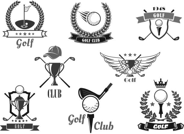 ilustraciones, imágenes clip art, dibujos animados e iconos de stock de símbolo de club de deporte golf set deportivo diseño - hockey cesped