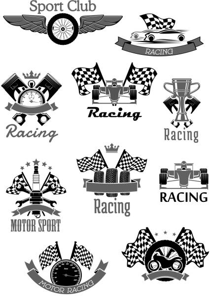 illustrazioni stock, clip art, cartoni animati e icone di tendenza di set di icone vettoriali di auto o sport motor racing club - checkered flag auto racing flag sports race