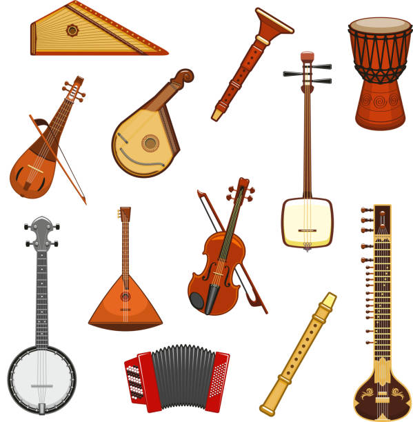 Classic and ethnic music instrument icon set Music instrument isolated icon set of classic and ethnic musical instruments. Violin, mandolin, banjo, djembe drum, balalaika, sitar, flute, accordion, rebec, psaltery. Music festival, concert design psaltery stock illustrations
