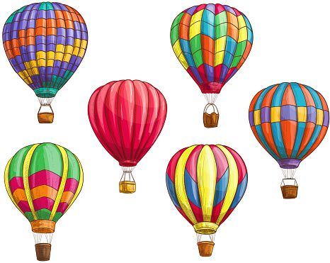 Hot air balloon with pattern ornament design. Vector sketch icons of isolated inflated hopper baloons or cloudhopper aircrafts with zig zag, stripes or square patch decor and air trip gondola