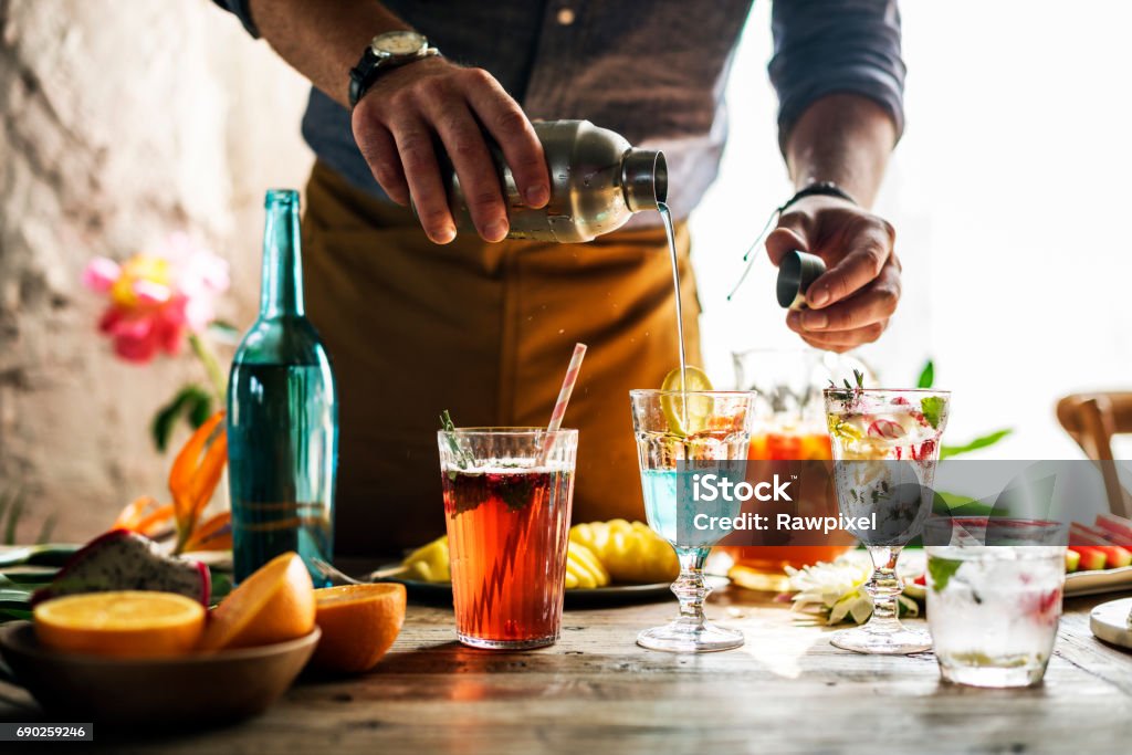 Bartender guy working prepare cocktail skills Cocktail Stock Photo
