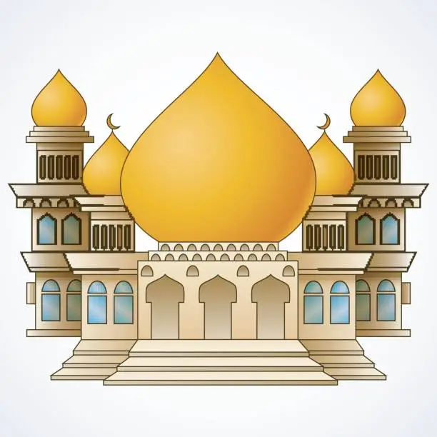 Vector illustration of Islamic mosque building with yellow dome and four tower isolated on white background