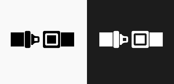 Buckle Up Icon on Black and White Vector Backgrounds. This vector illustration includes two variations of the icon one in black on a light background on the left and another version in white on a dark background positioned on the right. The vector icon is simple yet elegant and can be used in a variety of ways including website or mobile application icon. This royalty free image is 100% vector based and all design elements can be scaled to any size.