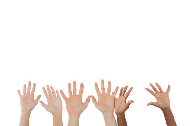 istock Three pairs of hands waving 690270560