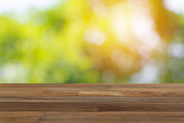 istock Wood table and blurry gteen sunlight in background. 690272964